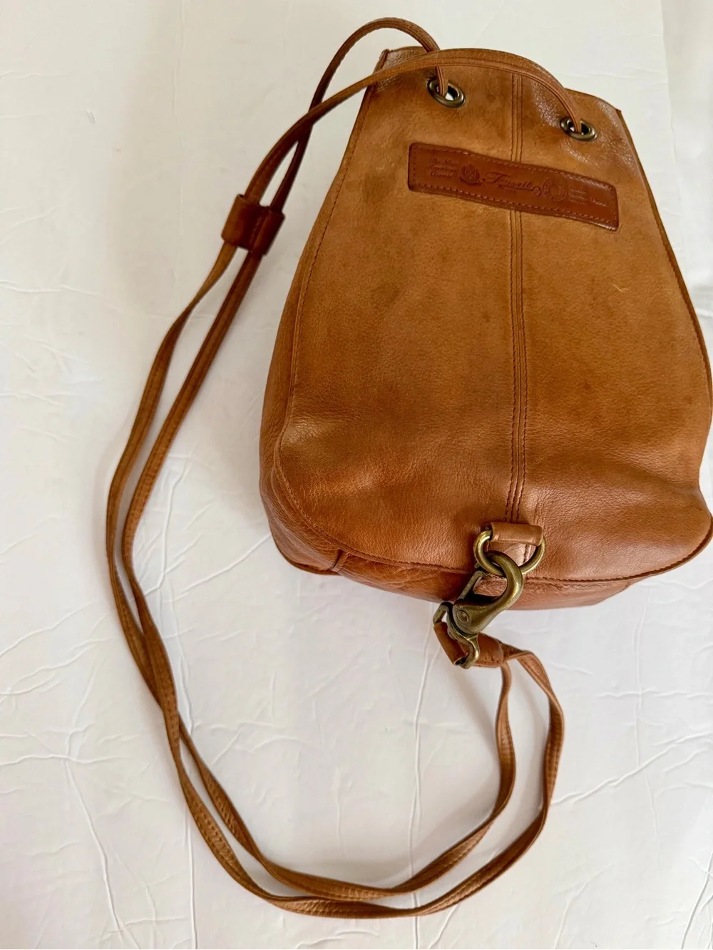 Fossil Vintage Cognac Leather Drawstring Bucket Backpack Purse Bag Key Zipper